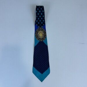 Gianni Versace Vintage 90's Baroque Medusa Geometric Plaid Blue Silk Men's‎ Tie